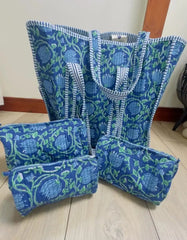 Bags & Travel – Hand-Printed Recycled Cotton Cosmetic Bag Trio (Lotus Lake)