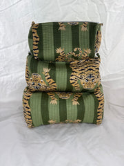 Bags & Travel – Hand-Printed Recycled Cotton Cosmetic Bag Trio (Emerald Indie)