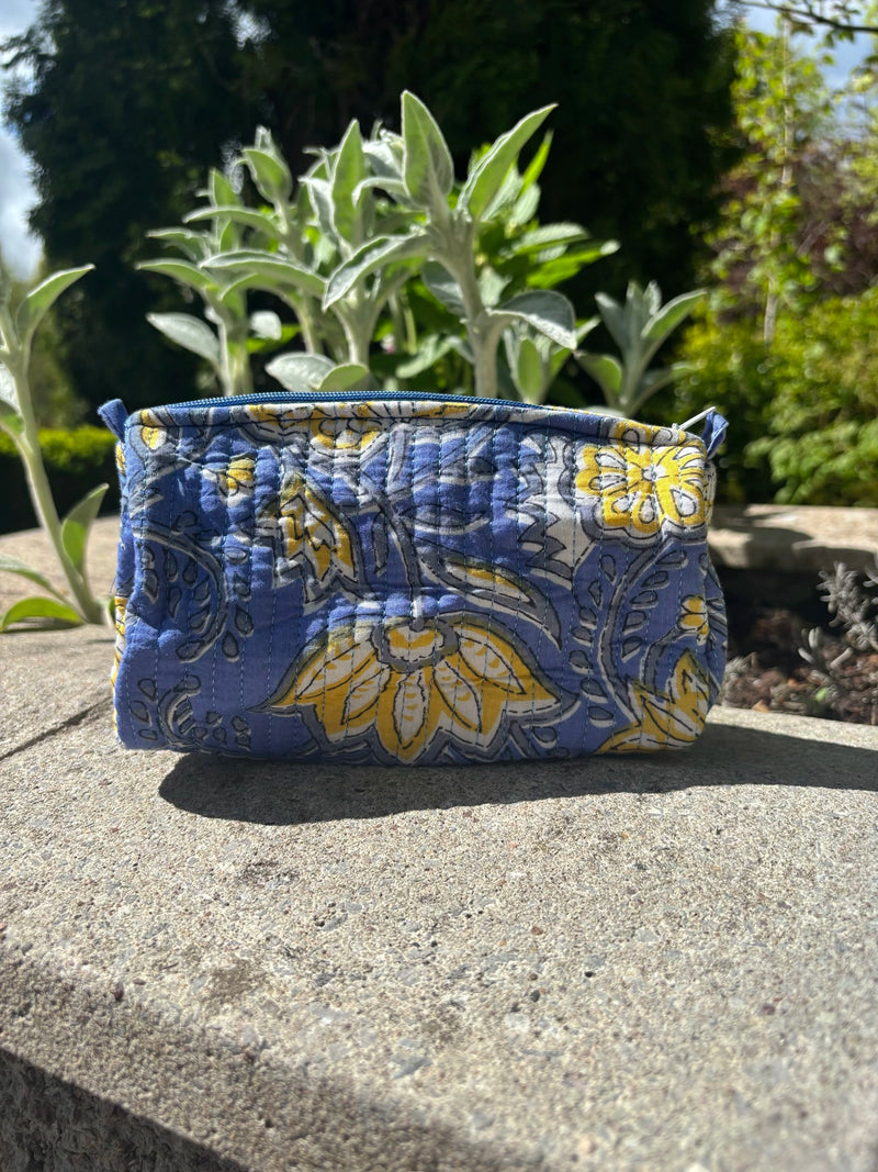Hand-Printed Recycled Cotton Cosmetic Bag Trio (Coastal Citron)