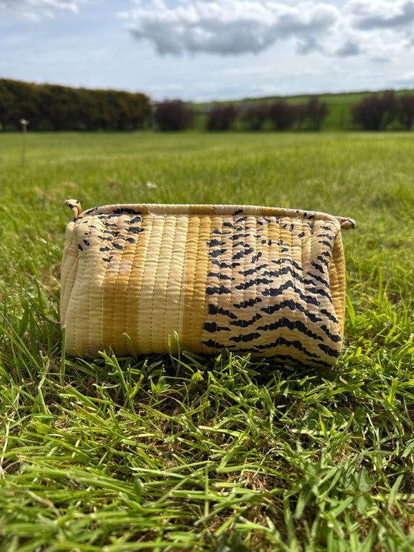 Bags & Travel – Hand-Printed Recycled Cotton Cosmetic Bag Trio (Saffron Stripe)