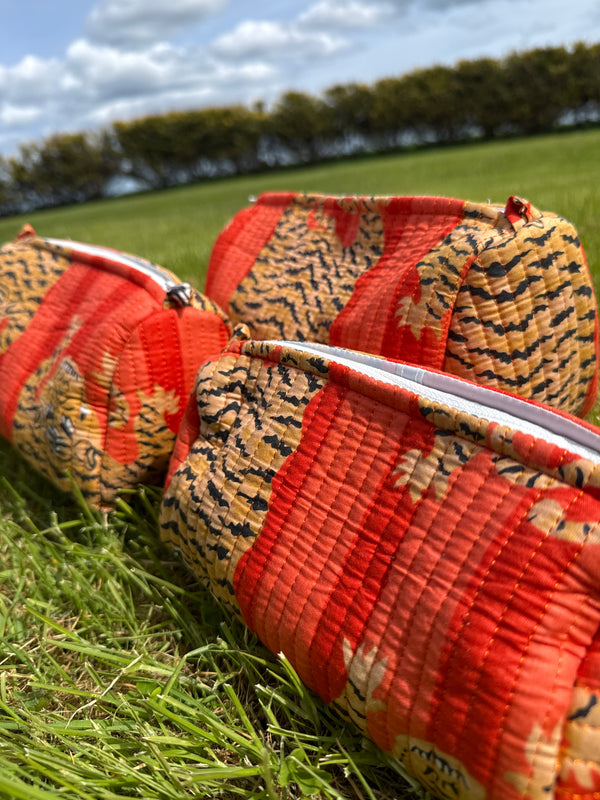 Bags & Travel – Hand-Printed Recycled Cotton Cosmetic Bag Trio (Wild Sunset)