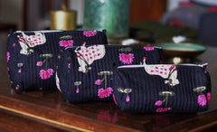Bags & Travel – Hand-Printed Recycled Cotton Cosmetic Bag Trio (Midnight Lotus)