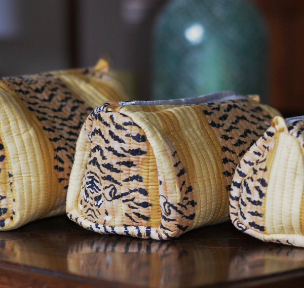 Bags & Travel – Hand-Printed Recycled Cotton Cosmetic Bag Trio (Saffron Stripe)