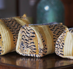 Bags & Travel – Hand-Printed Recycled Cotton Cosmetic Bag Trio (Saffron Stripe)