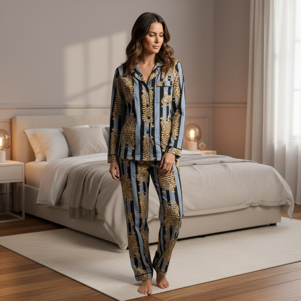Pyjama Set – Hand-Printed Recycled Cotton 2 Piece Pyjama set (Top and Trouser) (Twilight Tiger)