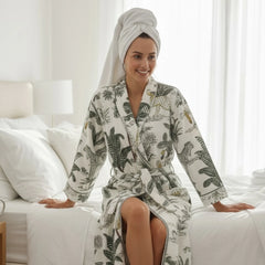 The Velvet Edit  – Hand-Printed Recycled Cotton Bath Robes (Jungle Jasmine)