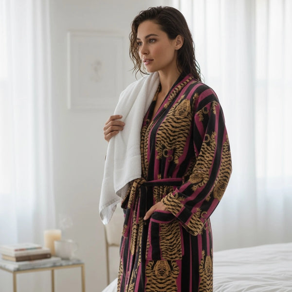 The Velvet Edit  – Hand-Printed Recycled Cotton Bath Robes (Magenta Maharani)