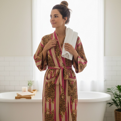 The Velvet Edit  – Hand-Printed Recycled Cotton Bath Robes (Saffron Sorbet)