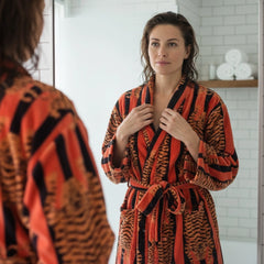 The Velvet Edit  – Hand-Printed Recycled Cotton Bath Robes (Tiger Fire)