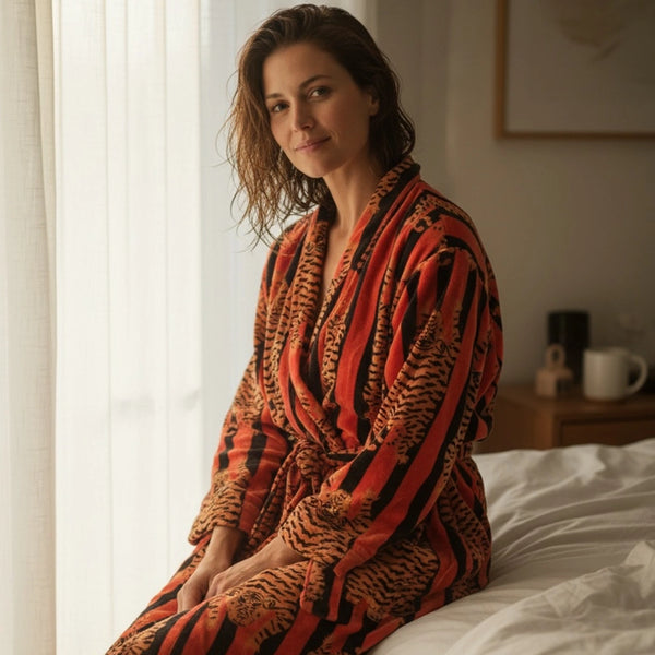 The Velvet Edit  – Hand-Printed Recycled Cotton Bath Robes (Tiger Fire)