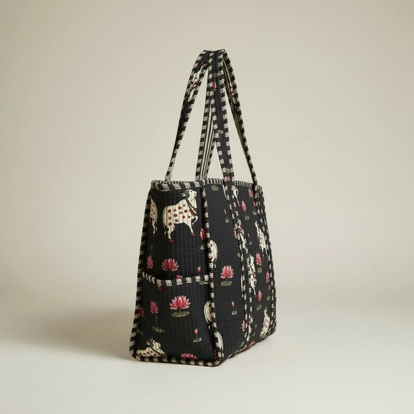 Bags & Travel – Hand-Printed Recycled Cotton Tote Bag (Midnight Lotus)