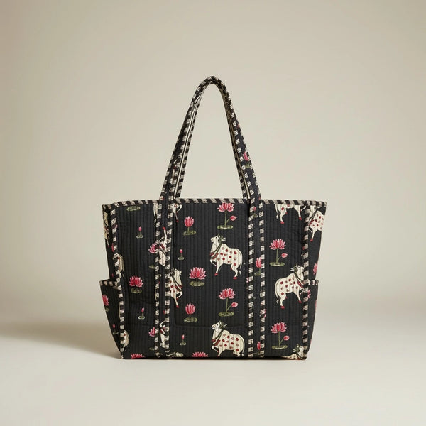 Bags & Travel – Hand-Printed Recycled Cotton Tote Bag (Midnight Lotus)