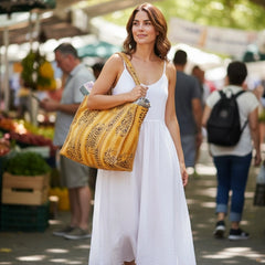 Bags & Travel – Hand-Printed Recycled Cotton Tote Bag (Saffron Stripe)