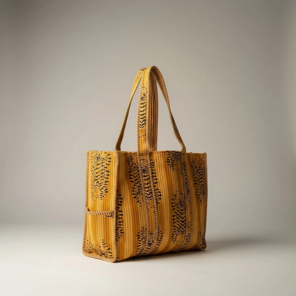 Bags & Travel – Hand-Printed Recycled Cotton Tote Bag (Saffron Stripe)